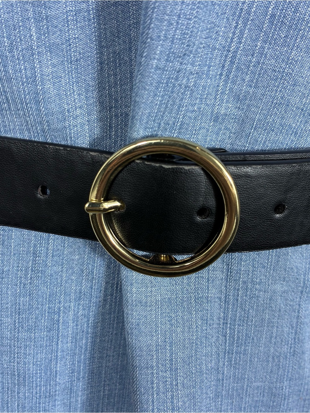 Plus Size Womens belt black faux leather gold ring buckle 57” long